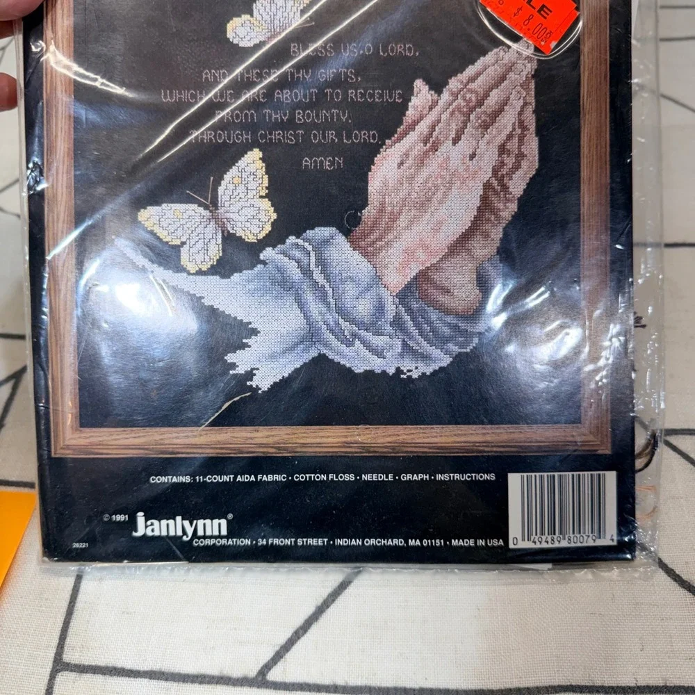 Janlynn‎ Cross Stitch Kit 16x16 Black Bless Us O Lord Praying Hands Vintage 1991